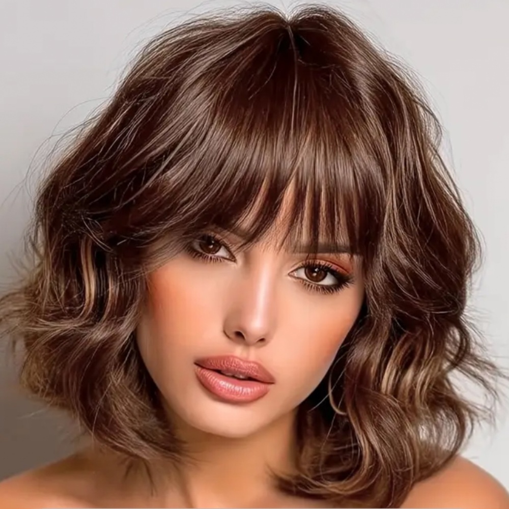 14-Inch Auburn Bob Wig with Bangs - Heat-Resistant Synthetic Curly Wave